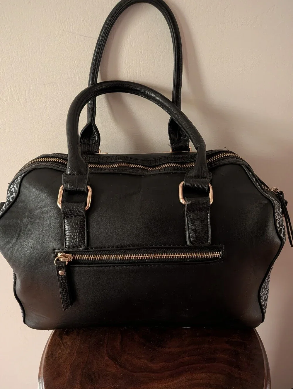 MMS Black Faux Leather Purse with White Print on the sides